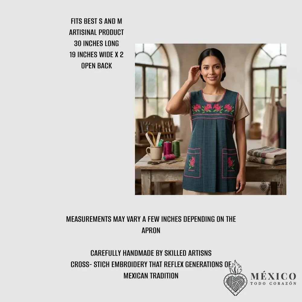 Traditional Mexican Cross-Stitch Embroidered Apron – Deluxe Artisan Smock Style